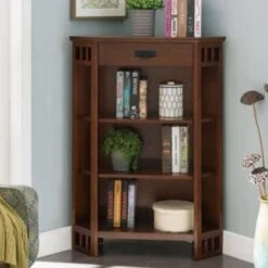 Leick Home Mantel Height 3 Shelf Corner Bookcase With Drawer Storage,mission Oak -Whirlpool Shop 183574 w DetailedProductView2 Lg