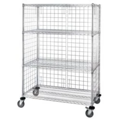 Quantum Storage Systems® Chrome Wire 3 Sided 4 Shelf Cart With Enclosure Panels 18wx36lx63h