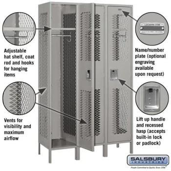Salsbury Industries® Gray-Single Tier-Vented Metal Locker 6 Feet X 18 Inches 4 Salsbury Industries® Gray-Single Tier-Vented Metal Locker 6 Feet X 18 Inches - Image 2