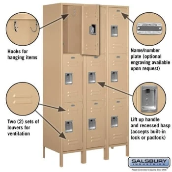 Salsbury Industries® Tan-Triple Tier Standard Metal Locker-6 Feet X 18 Inches 4 Salsbury Industries® Tan-Triple Tier Standard Metal Locker-6 Feet X 18 Inches - Image 2