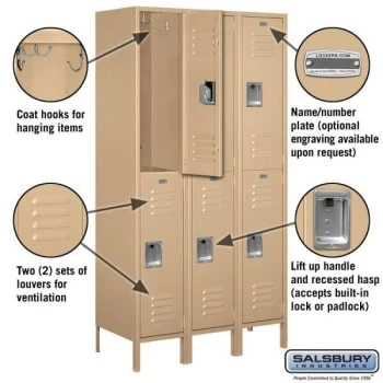Salsbury Industries® Tan Double Tier Standard Metal Locker 6 Feet X 18inches 4 Salsbury Industries® Tan Double Tier Standard Metal Locker 6 Feet X 18inches - Image 2