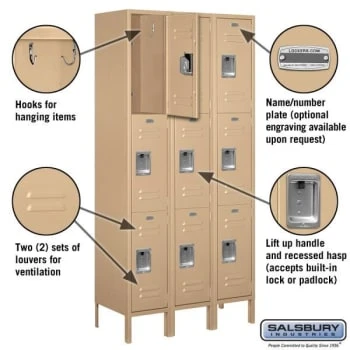 Salsbury Industries® Tan Triple Tier Standard Metal Locker-6 Feet X 15inches 4 Salsbury Industries® Tan Triple Tier Standard Metal Locker-6 Feet X 15inches - Image 2