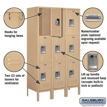 Salsbury Industries® Tan- Triple Tier Standard Metal Locker 5 Feet X 15 Inches 4 Salsbury Industries® Tan- Triple Tier Standard Metal Locker 5 Feet X 15 Inches - Image 2