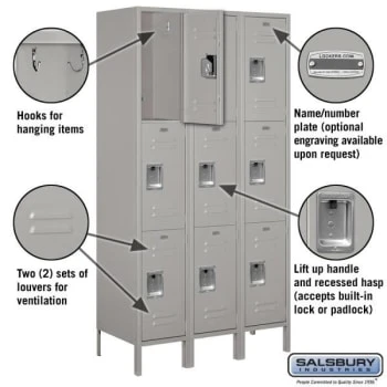 Salsbury Industries® Gray-Triple Tier-Standard Metal Locker 6 Feet X 18inches 4 Salsbury Industries® Gray-Triple Tier-Standard Metal Locker 6 Feet X 18inches - Image 2