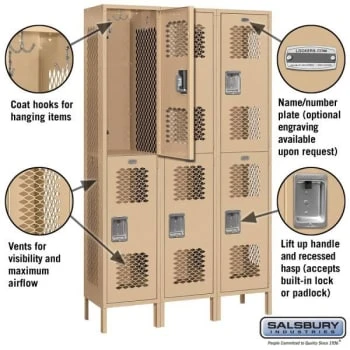 Salsbury Industries® Double Tier-Tan-Vented Metal Locker 6 Feet X 15 Inches 4 Salsbury Industries® Double Tier-Tan-Vented Metal Locker 6 Feet X 15 Inches - Image 2