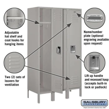 Salsbury Industries® Gray-12 Inch-Single Tier Metal Locker 5 Feet X 15 Inches 4 Salsbury Industries® Gray-12 Inch-Single Tier Metal Locker 5 Feet X 15 Inches - Image 2
